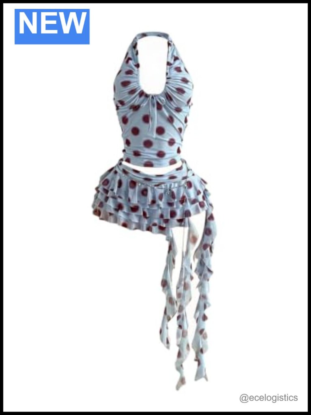 Y2K Polka Dot 2 Piece Skirt Set Women Sleeveless Halter Crop Top Low Rise Ruffle